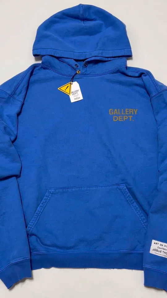 GALLERY DEPT. 90'S GD LOGO HOODIE/BLU 90's retro destroyed royal blue English hoodie Royal Blue S-XL Needs custom weaving and dyeing 500g high weight sweatshirt fabric Light fleece treatment on the inside Overall wide and comfortable Loose version Trendy and fashionable Same as the original version Washed and distressed printing Original consistent hang tag With G LOGO hanging beads/yellow triangle warning sign